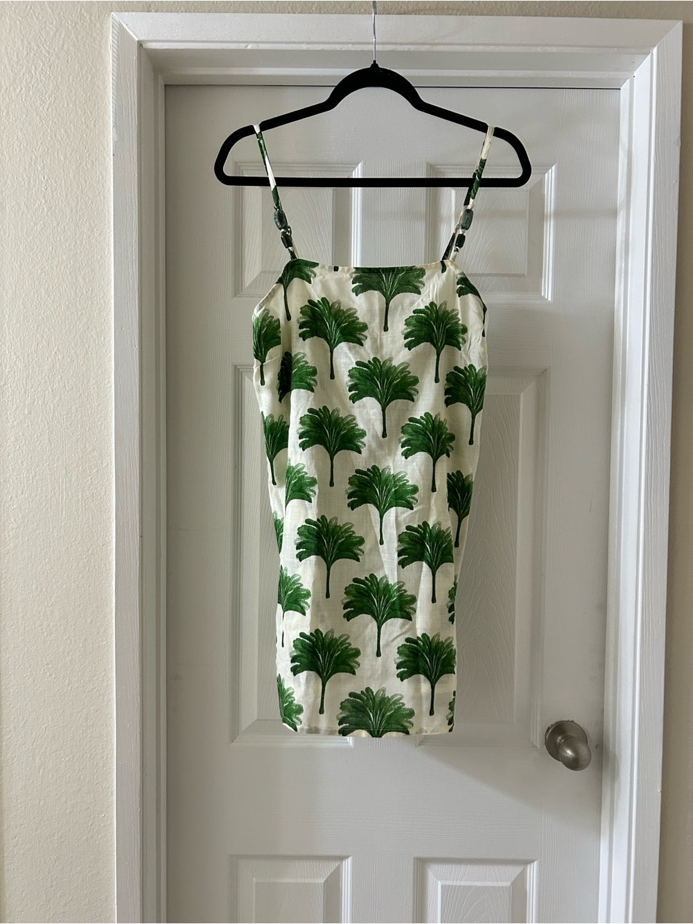 Cream Mini Sundress with Green Palm-Print and Spaghetti Straps